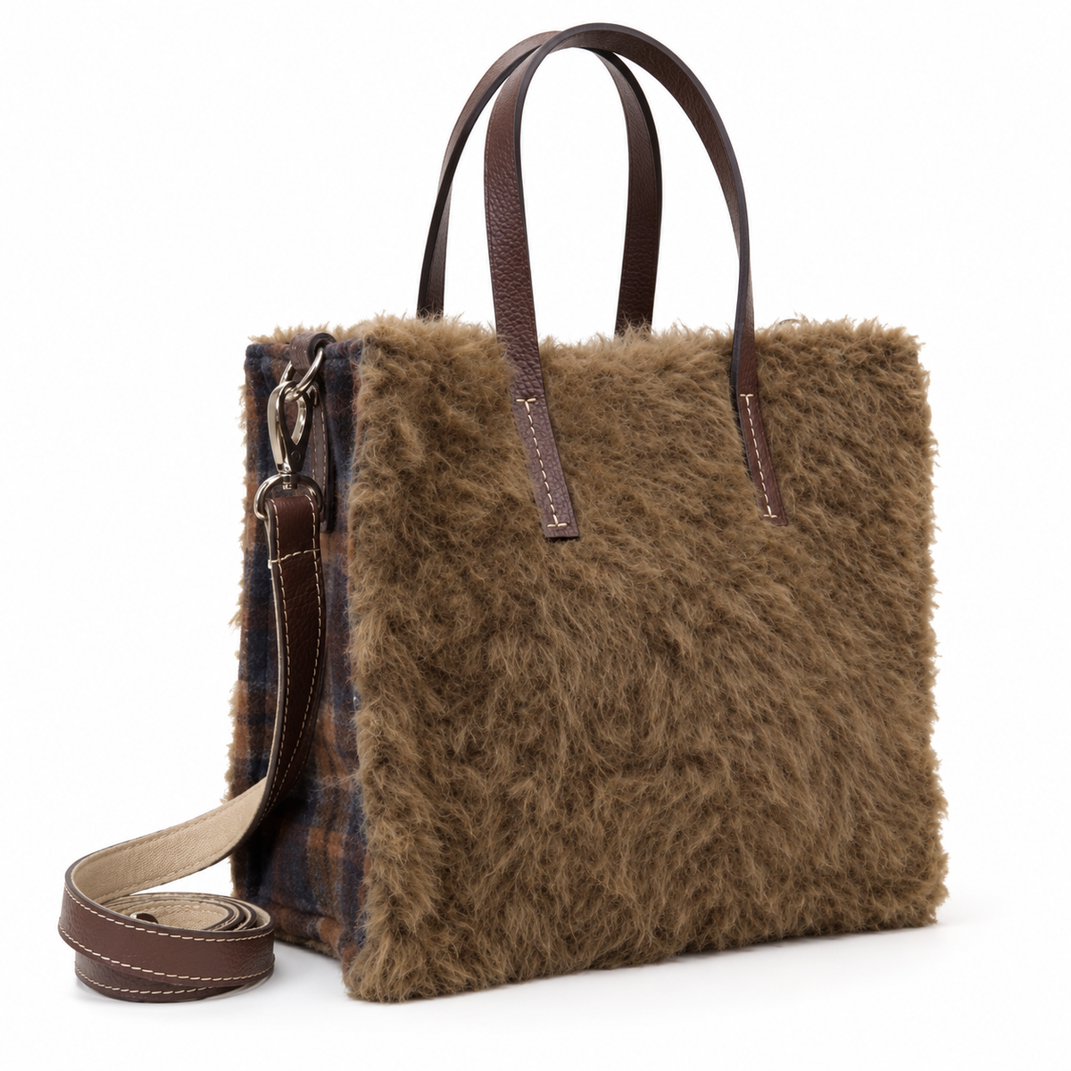 Bolso Synn pelo chocolate y cuadros, mediano