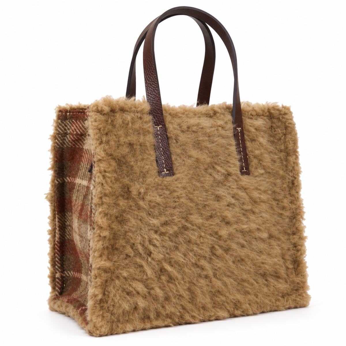 Bolso Synn pelo camel y cuadros,mediano