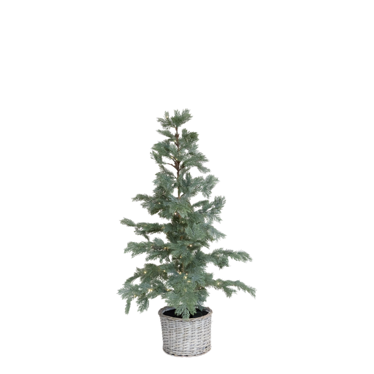 Árbol pino con cesta mimbre y luz pequeño